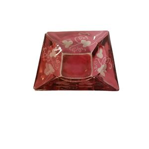 Vintage Etched Cranberry Glass Square Ashtray